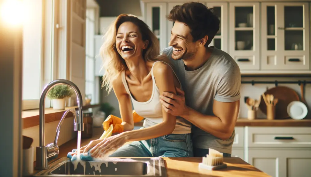 A couple laughs and cleans together in a bright kitchen, showcasing the fun side of household chores. Perfect inspiration for partners everywhere." st pete cleaning service, cleaning service st pete, cleaning, joy of cleaning, happy couple image, valentine's gift