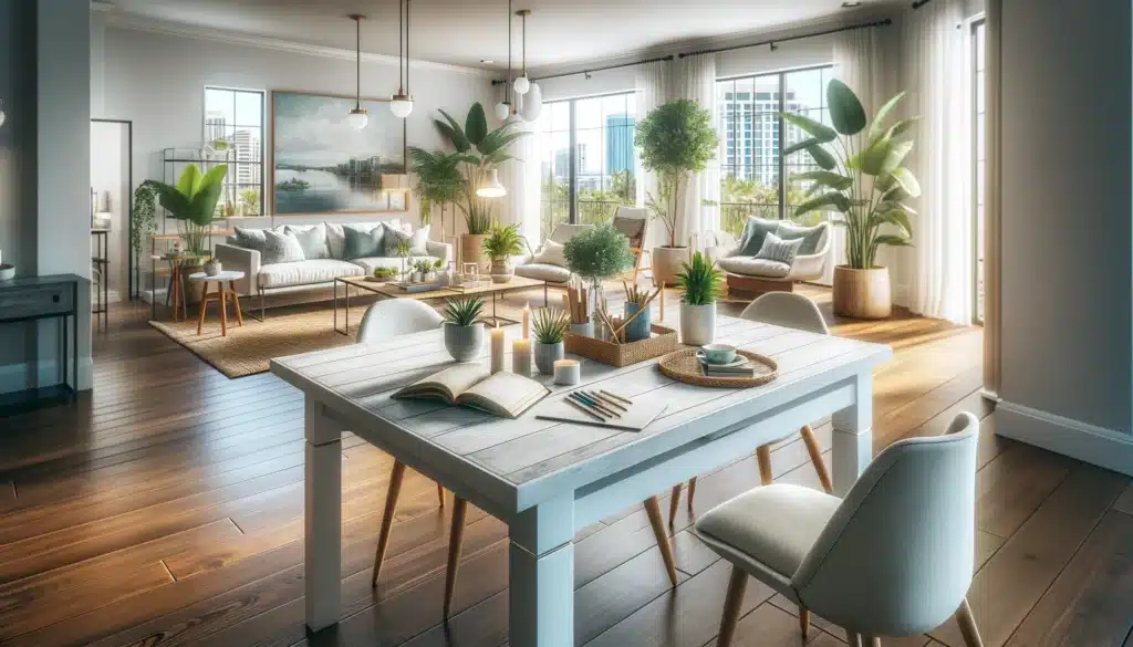 joy of cleaning service st pete tampa  A photographic image of a table in an urban home of Tampa. The table is nicely organized clean and has bright natural light modern furnishings